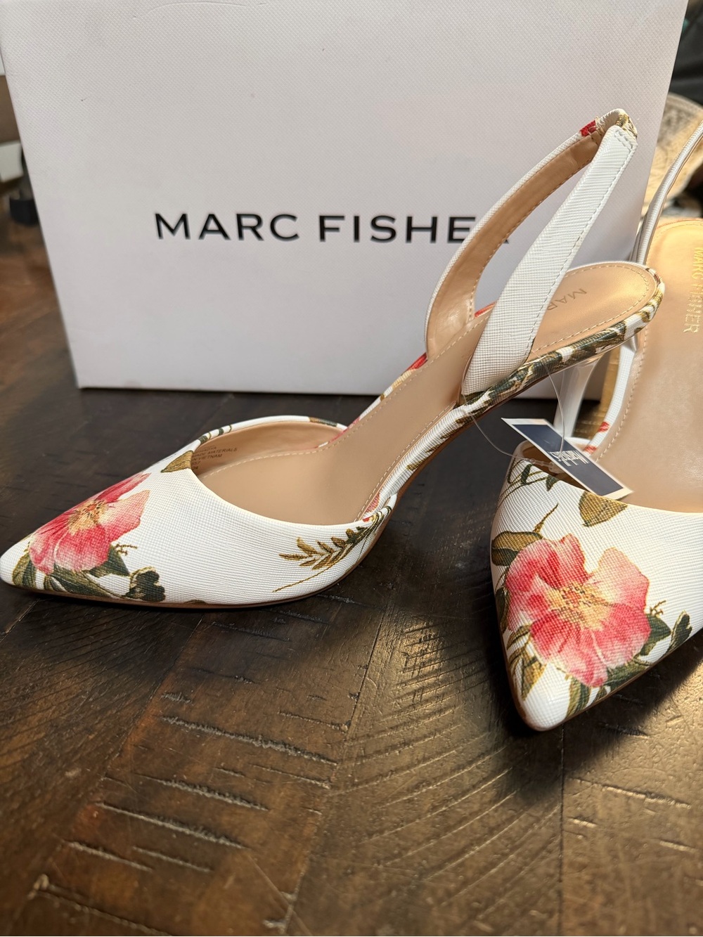Marc Fisher White Floral Slingback Pointed-Toe Heels